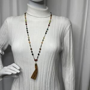 Chico's beaded pendant tassel necklace signed costume jewelry neutral natural